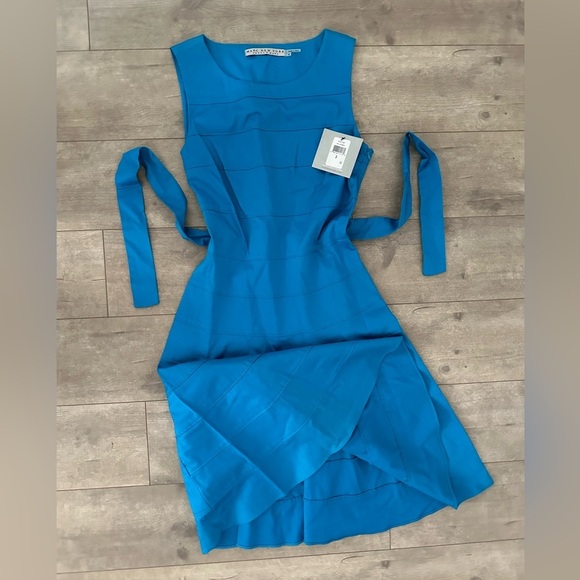 New Andrew Marc New York Teal Blue Fit and Flare Sleeveless Dress Size 2 Belted - Picture 13 of 15